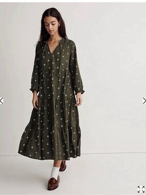 Madewell tie-neck Olive Green Tiered Midi Dress White Floral dots women’s XS